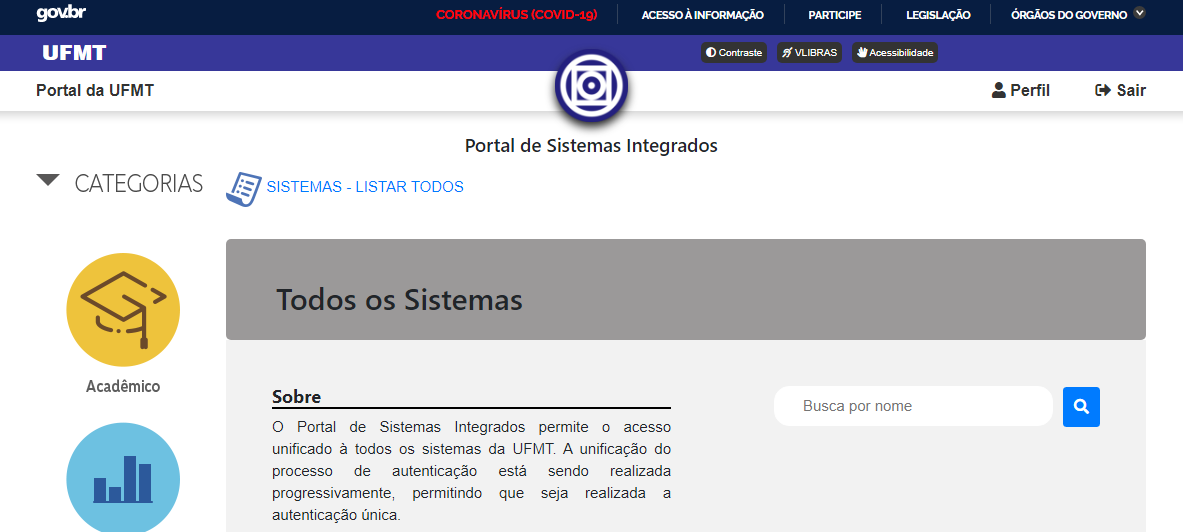 Tela inicial do Portal de Sistemas Integrados